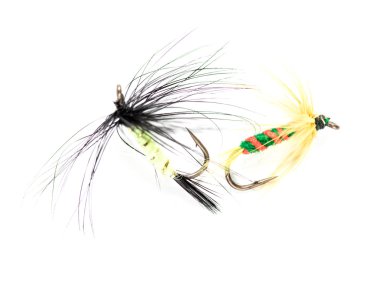 Beyaz bir arka plan üzerinde yapay sinek tüy kanca