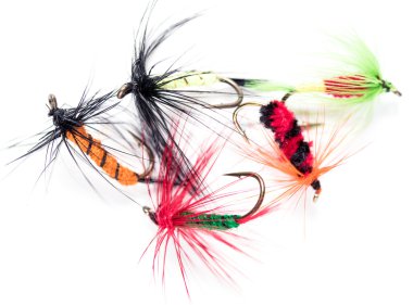 Beyaz bir arka plan üzerinde yapay sinek tüy kanca