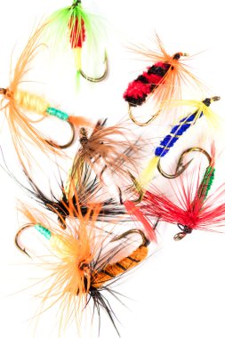 Beyaz bir arka plan üzerinde yapay sinek tüy kanca