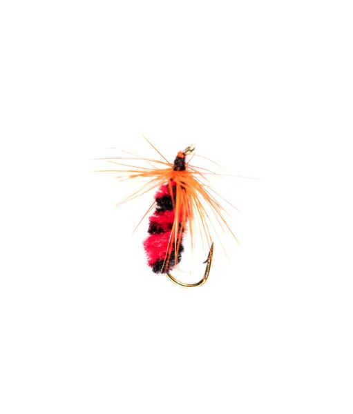 Gancho pluma de mosca artificial sobre un fondo blanco —  Fotos de Stock
