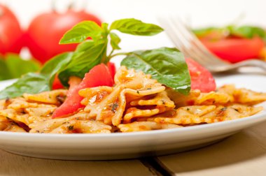 İtalyan makarna farfalle kelebek papyon ve domates sos