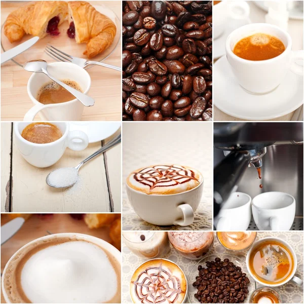 Seleção de diferentes tipos de café na composição da colagem — Fotografia de Stock