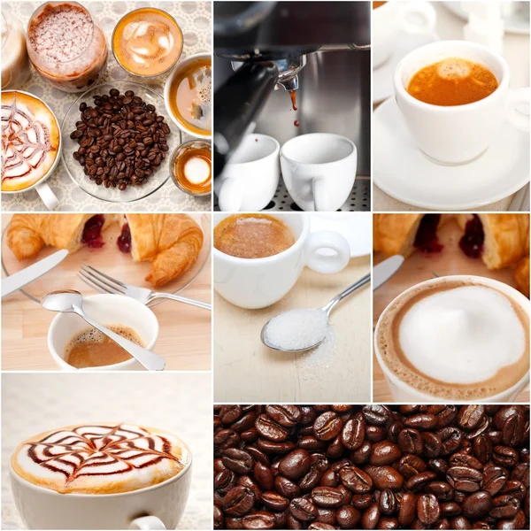 Seleção de diferentes tipos de café na composição da colagem — Fotografia de Stock