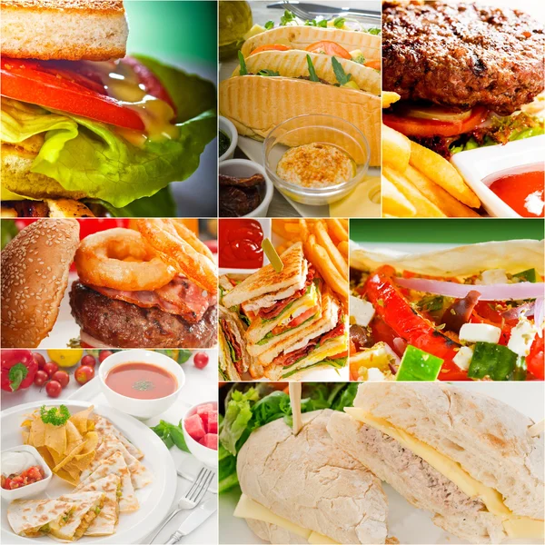 Hamburgers en sandwiches collectie op een collage — Stockfoto