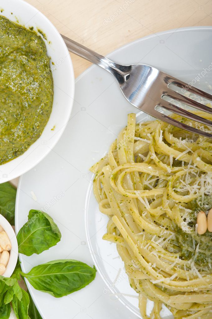 Italian traditional basil pesto pasta ingredients