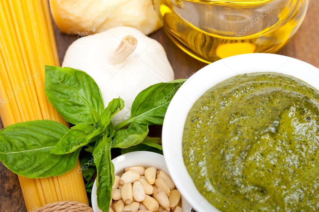 Italian traditional basil pesto pasta ingredients Stock Photo by