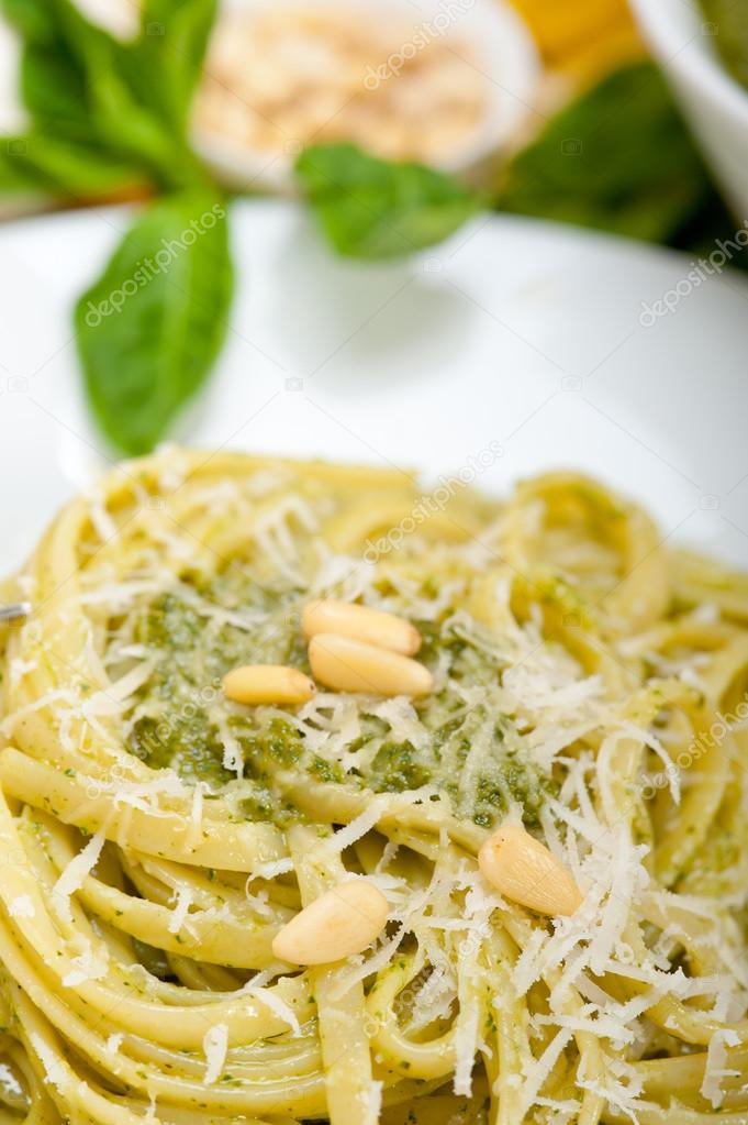 Italian traditional basil pesto pasta ingredients