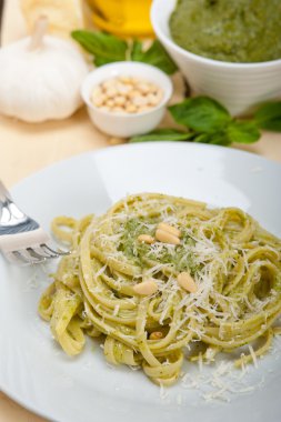 İtalyan geleneksel fesleğen pesto makarna malzemeler