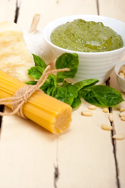 Italian traditional basil pesto pasta ingredients — Stock Photo, Image