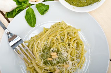 İtalyan geleneksel fesleğen pesto makarna malzemeler