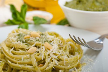 İtalyan geleneksel fesleğen pesto makarna malzemeler