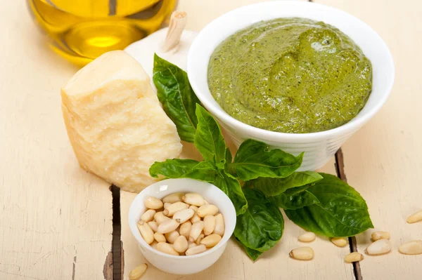 Italian basil pesto sauce ingredients — Stock Photo, Image