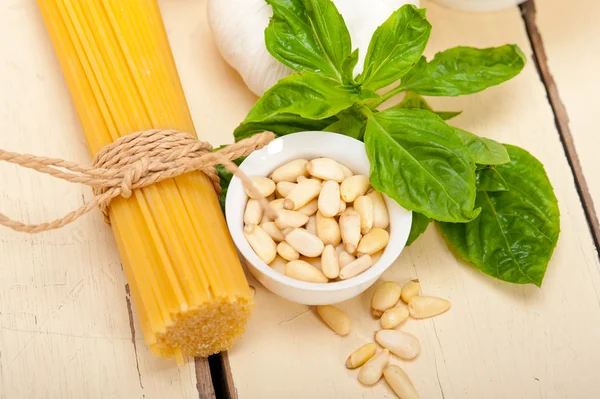 Italian traditional basil pesto pasta ingredients — Stock Photo, Image