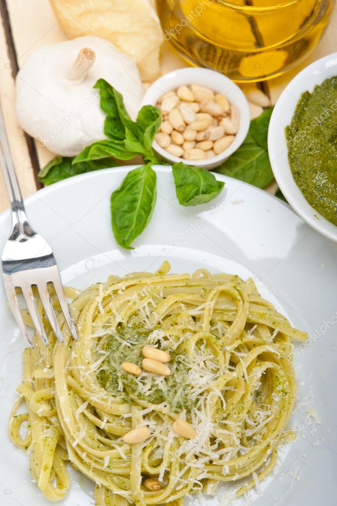 Italian traditional basil pesto pasta ingredients