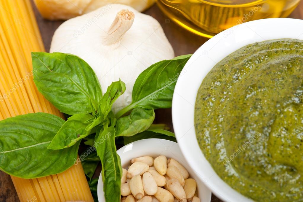 Italian traditional basil pesto pasta ingredients