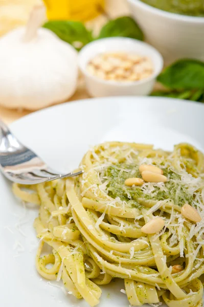 Italiaanse traditionele basilicum pesto pasta ingrediënten — Stockfoto