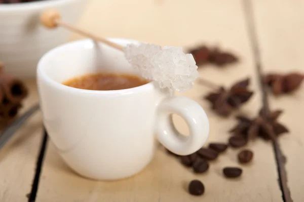Espresso coffee with sugar and spice — Stock Photo, Image