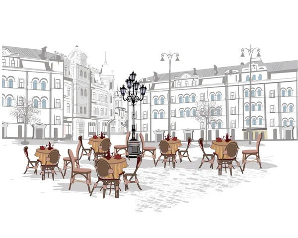 Série de cafés de rua na cidade velha — Vetor de Stock