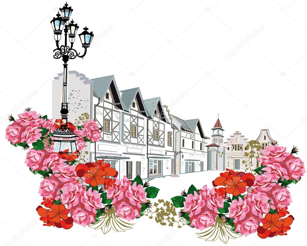 Series of backgrounds decorated with flowers, old town views and street cafes. 