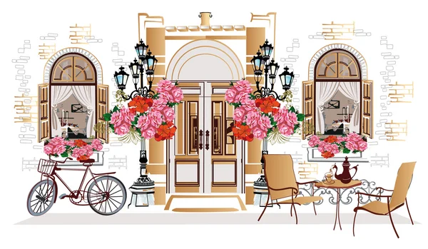 Arka planlar dizi çiçekler, eski şehir manzarası ve sokak kafeleri ile dekore edilmiş. 