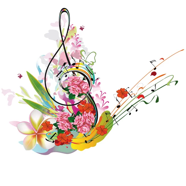 Música de verano con flores y mariposa, salpicaduras de colores . — Vector de stock