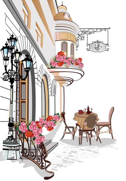 Aantal achtergronden versierd met bloemen, oude stad bekeken en straatcafés. — Stockvector