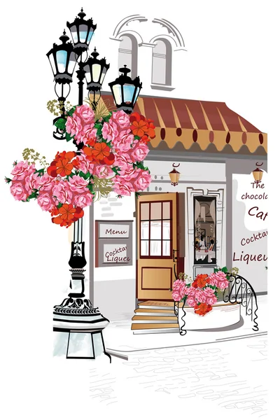 Serie de fondos decorados con flores, vistas al casco antiguo y cafés callejeros . — Vector de stock