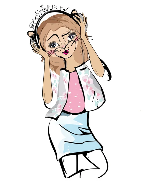 Linda chica gato de moda en los auriculares . — Vector de stock