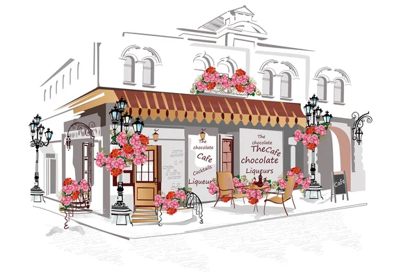 Série de décors décorés avec des fleurs, des vues sur la vieille ville et des cafés de rue . — Image vectorielle