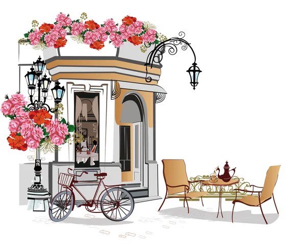 Serie de fondos decorados con flores, vistas al casco antiguo y cafés callejeros . — Vector de stock