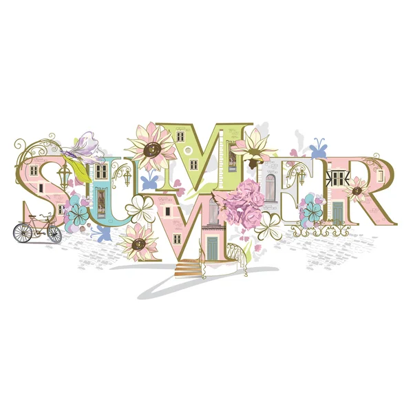 "夏天"刻字装饰着鲜花、 窗户、 门、 灯笼. — 图库矢量图片
