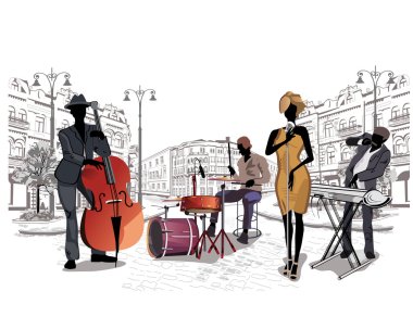 Series of the streets with musicians in the old city. clipart