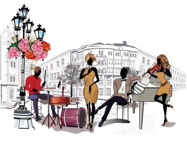 Müzisyenler eski şehrin sokakları dizi.