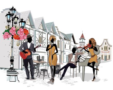 Müzisyenler eski şehrin sokakları dizi.