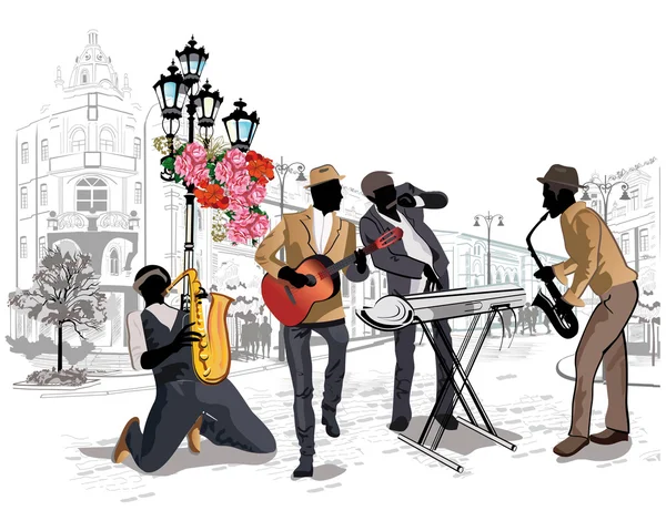 Series of the streets with musicians in the old city. — Stock Vector