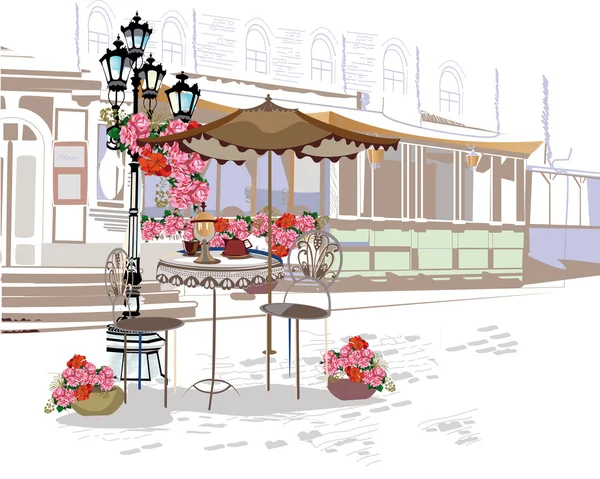 Série de décors décorés avec des fleurs, des vues sur la vieille ville et des cafés de rue . — Image vectorielle