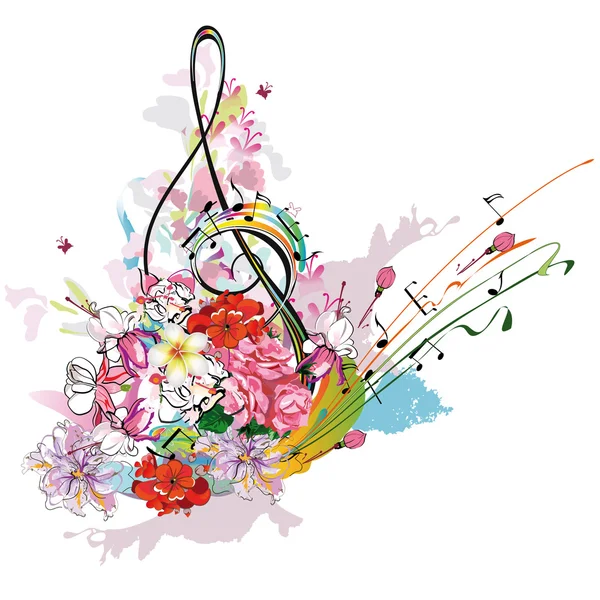 Música de verano con flores y mariposa, salpicaduras de colores . — Vector de stock