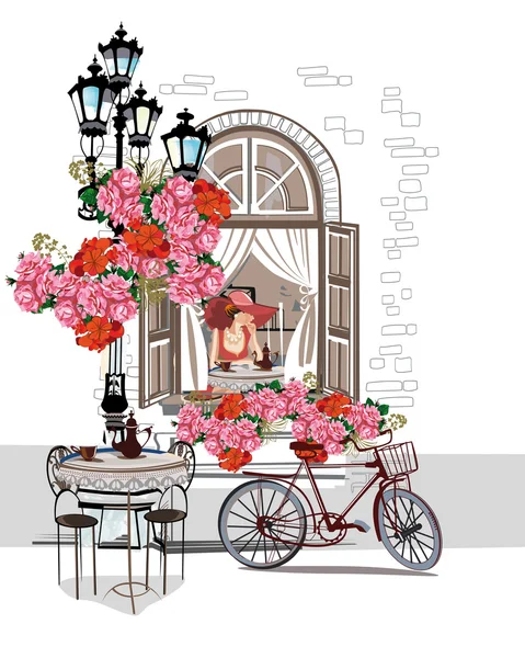 Series of sketches of beautiful old city streets with cafes. — Stock Vector