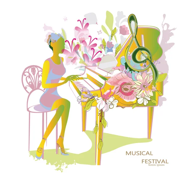 Fond musical abstrait avec musiciens et fleurs . — Image vectorielle