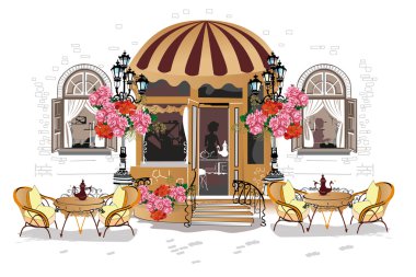 Çiçekler, eski şehir manzarası ve sokak Cafe.