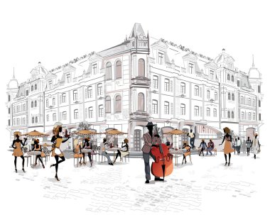 İnsanlar eski şehrin sokakları dizi. 