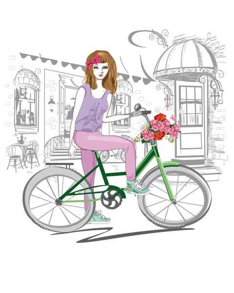 Chica de la moda pasea en bicicleta por las calles del casco antiguo . — Vector de stock