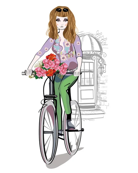 Kız moda bir bisiklet ile eski şehir sokaklarında gidiyor. — Stok Vektör