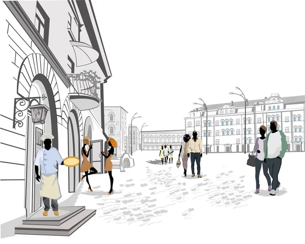 Série de rues avec des gens dans la vieille ville . — Image vectorielle