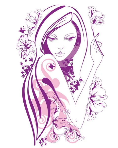 Abstrait belle femme avec des fleurs et des papillons dans les lignes . — Image vectorielle