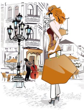 Moda insanlar, erkek ve kadın, oturma ve sokak kafede kahve içme serisi. 