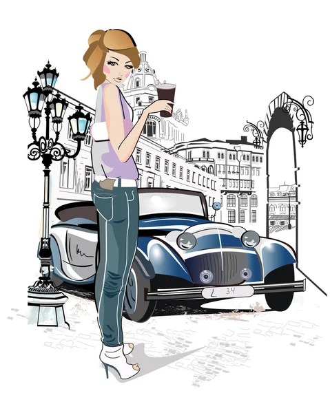 Moda młoda dziewczyna, picie kawy, na ulicy, stare miasto. — Wektor stockowy