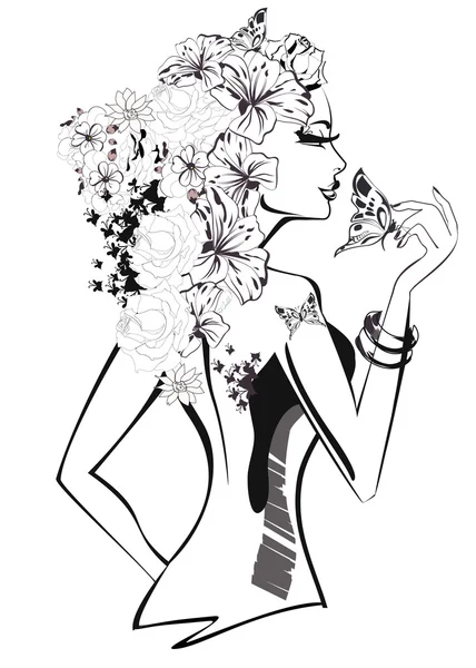 Sketch of young beautiful woman with flowers and butterflies. Stock Illustration