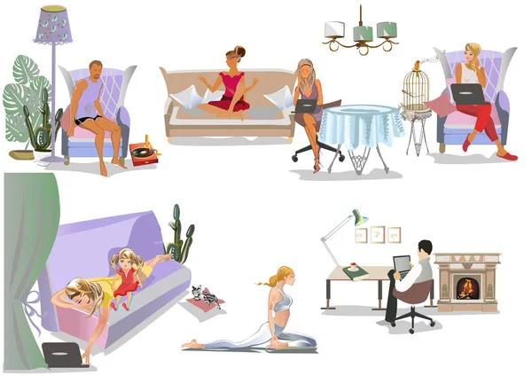 Family Activities Home While People Stay Home Having Thier Rest — Stock Vector