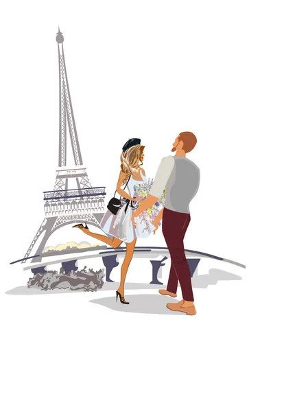 Romántica Pareja Abrazos Cerca Torre Eiffel Entre Las Flores Fondo — Vector de stock